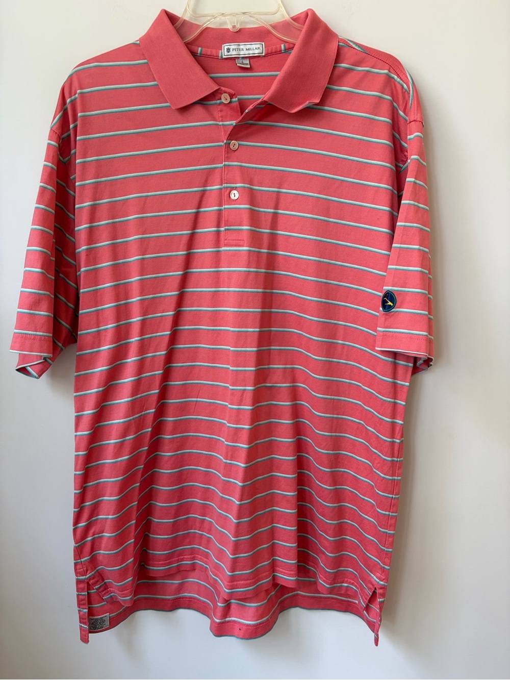 Peter Millar Polo Shirt Mens L 100% Cotton Coral Stripe with golf logo on sleeve